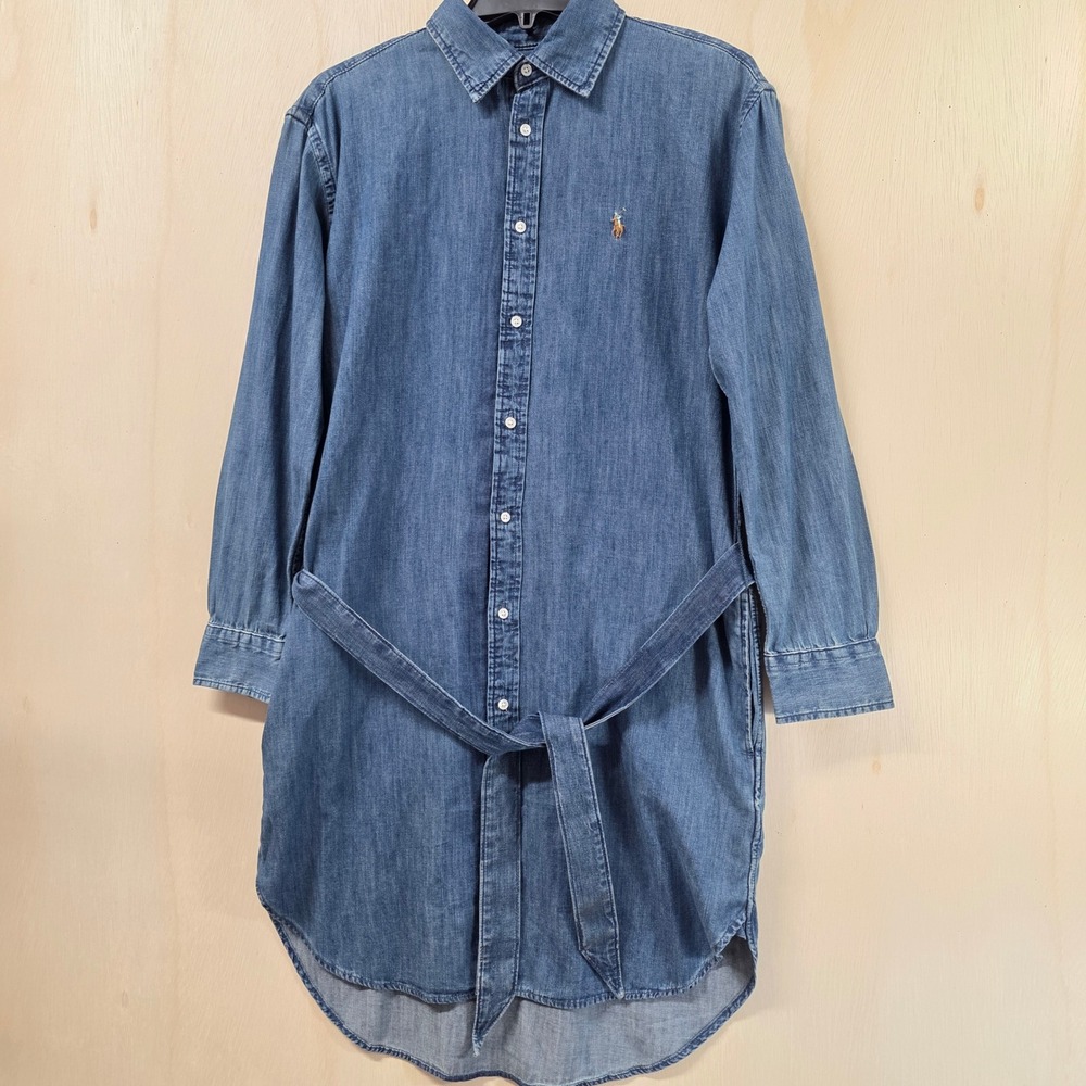 Polo Ralph Lauren Denim Shirt Dress Blue Belted Long Sleeve Midi Size 4 - Picture 2 of 14